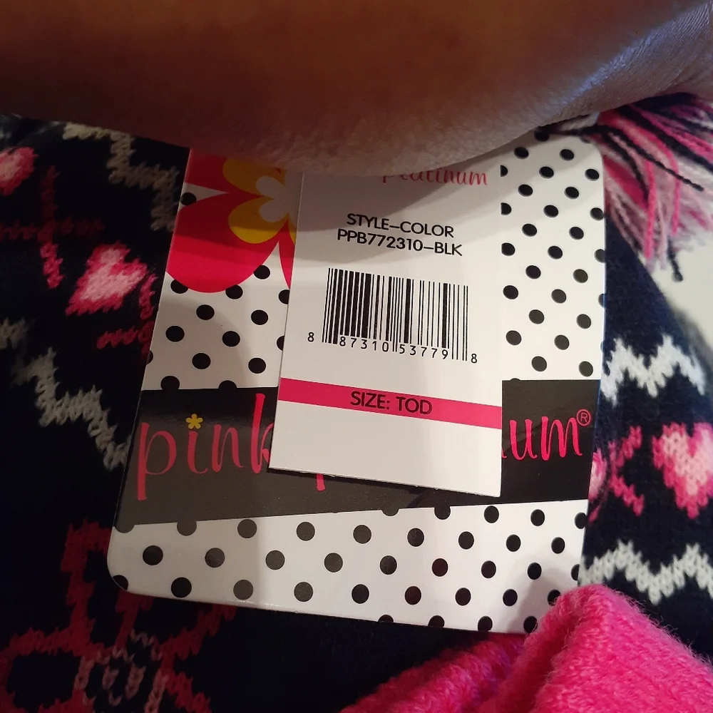 Pink Platinum Pink & Black 3pc PomPom Hat Scarf Glove Set OS TOD